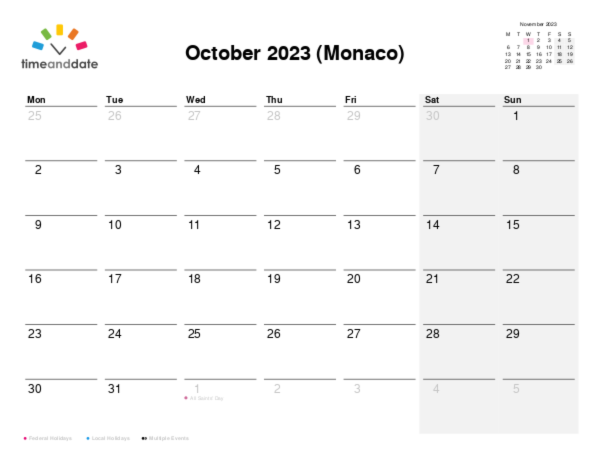 Calendar for 2023 in Monaco