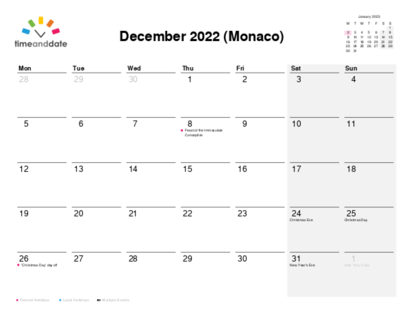 Calendar for 2022 in Monaco