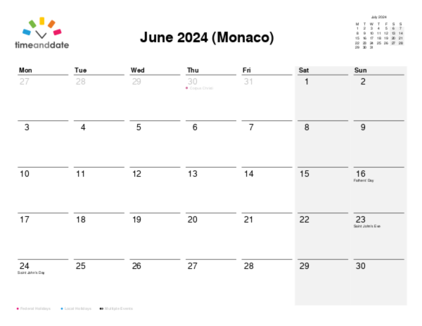 Calendar for 2024 in Monaco