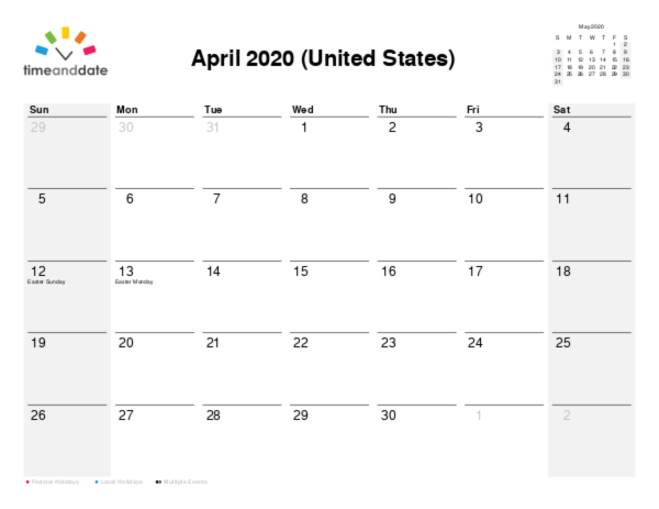 Calendar for 2020 in United States