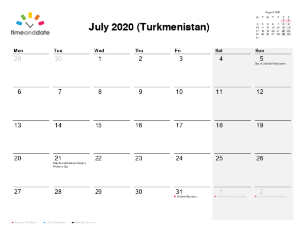 Calendar for 2020 in Turkmenistan