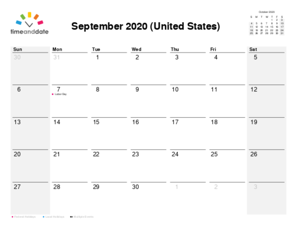 Calendar for 2020 in United States