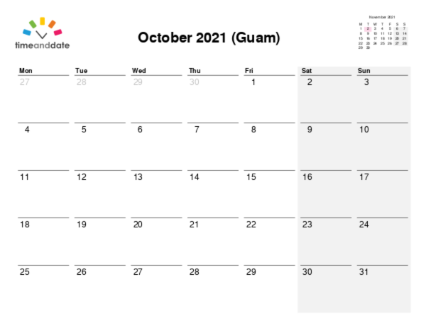 Calendar for 2021 in Guam