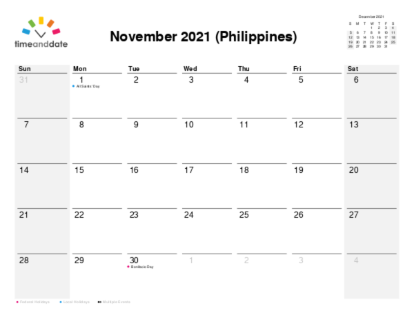 Calendar for 2021 in Philippines