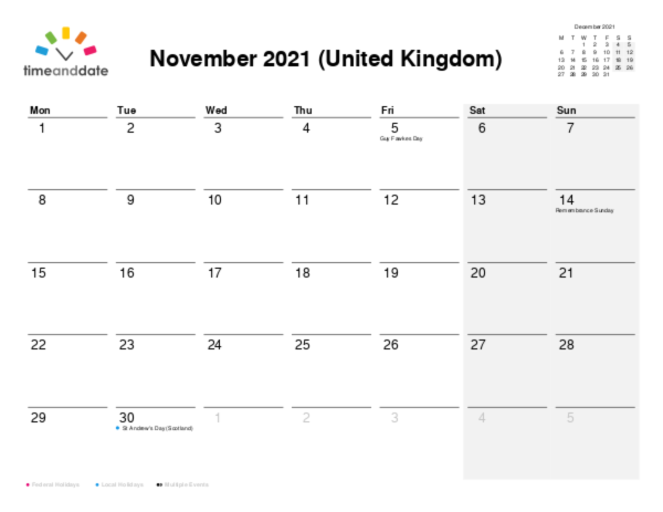 Calendar for 2021 in United Kingdom