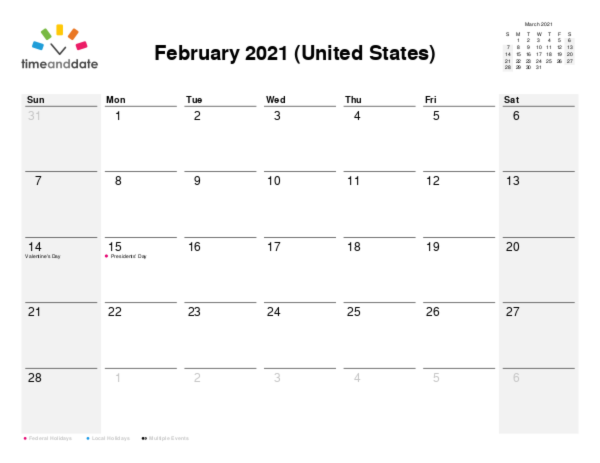 Calendar for 2021 in United States