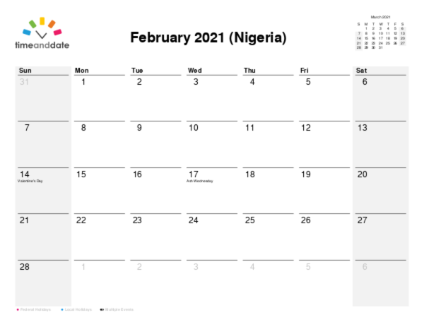 Calendar for 2021 in Nigeria