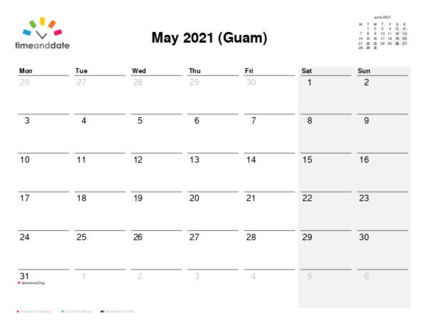 Calendar for 2021 in Guam