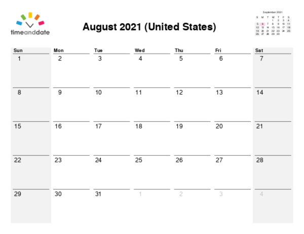 Calendar for 2021 in United States
