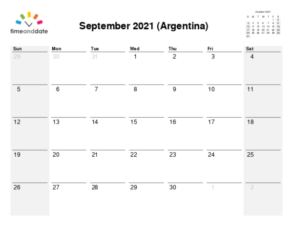 Calendar for 2021 in Argentina