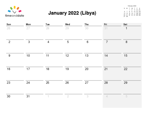 Calendar for 2022 in Libya