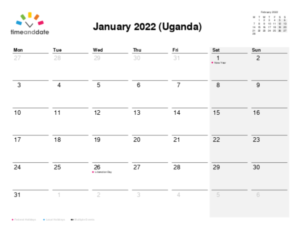 Calendar for 2022 in Uganda