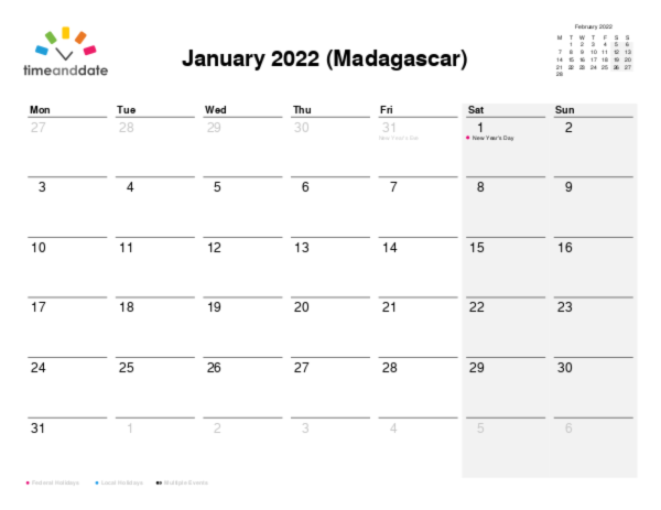 Calendar for 2022 in Madagascar