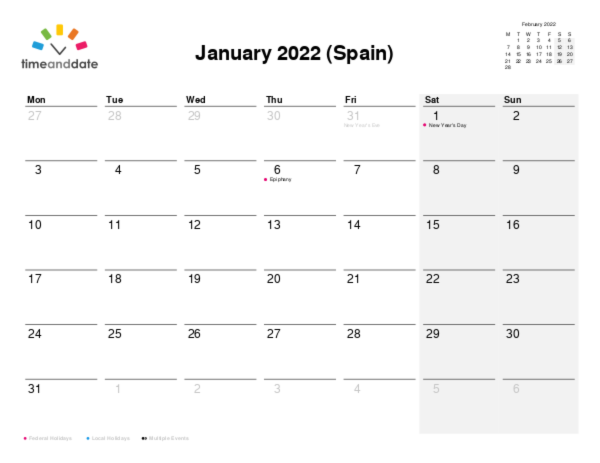 Calendar for 2022 in Spain