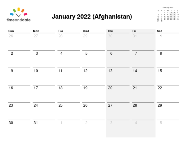 Calendar for 2022 in Afghanistan
