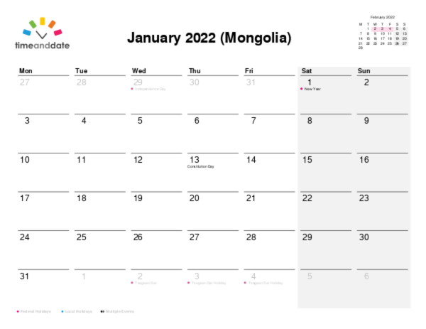 Calendar for 2022 in Mongolia