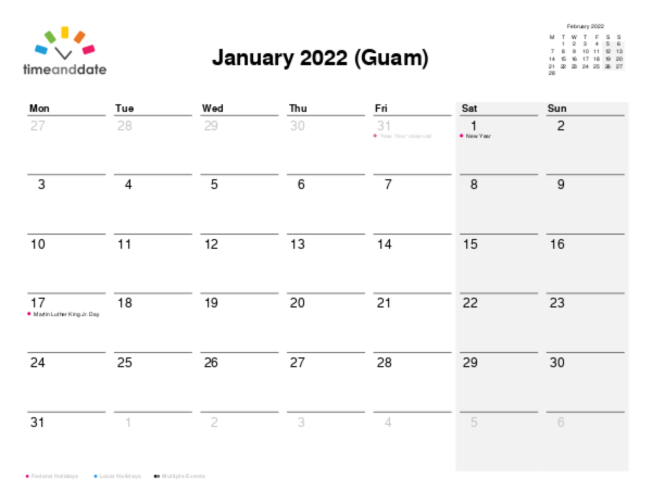 Calendar for 2022 in Guam