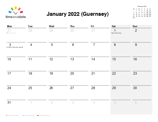 Calendar for 2022 in Guernsey