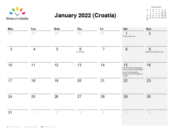 Calendar for 2022 in Croatia