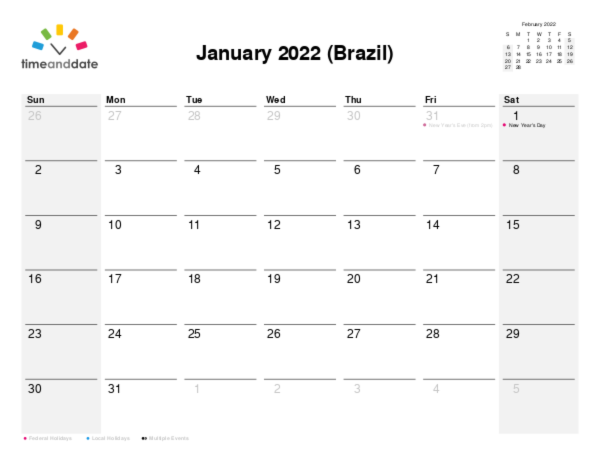Calendar for 2022 in Brazil