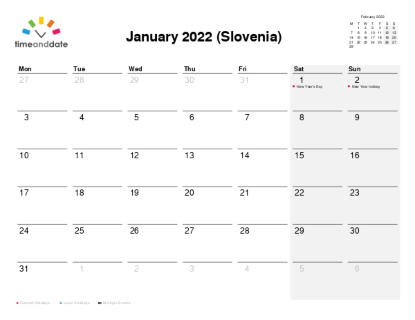 Calendar for 2022 in Slovenia