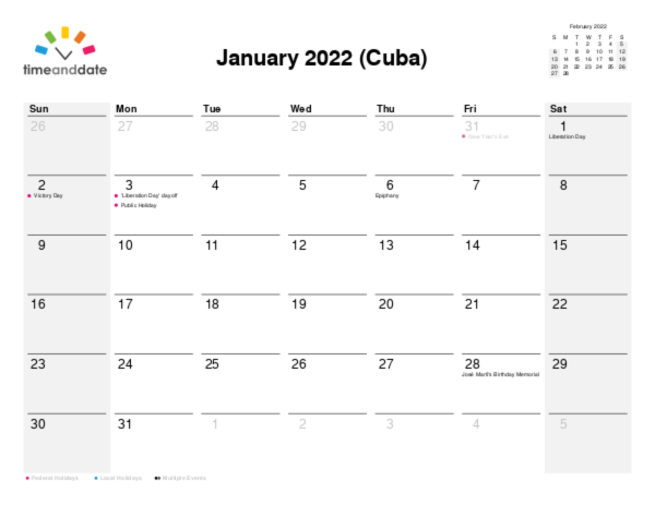 Calendar for 2022 in Cuba