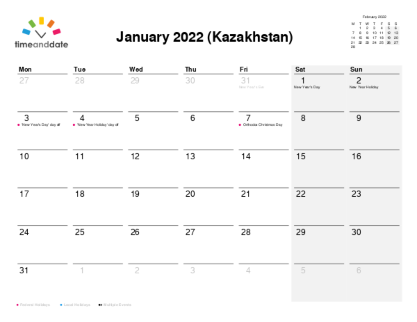 Calendar for 2022 in Kazakhstan