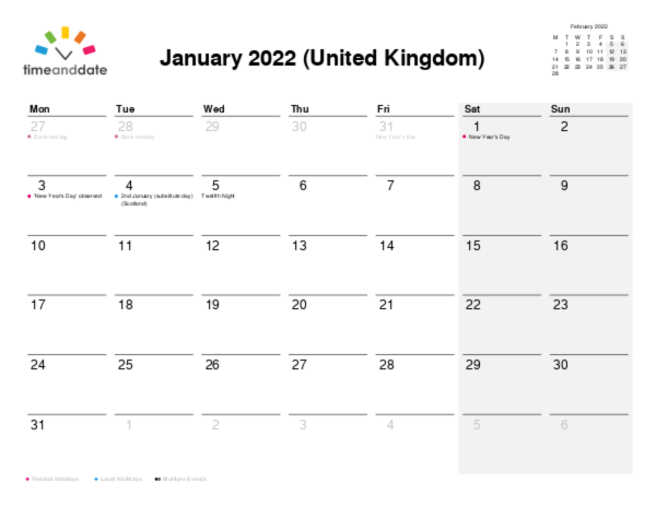 Calendar for 2022 in United Kingdom