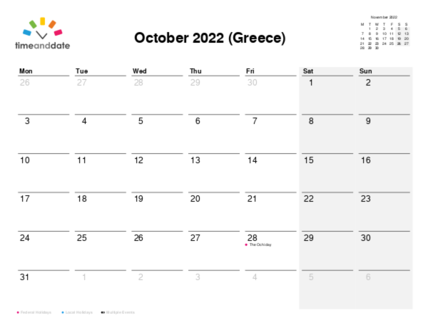 Calendar for 2022 in Greece