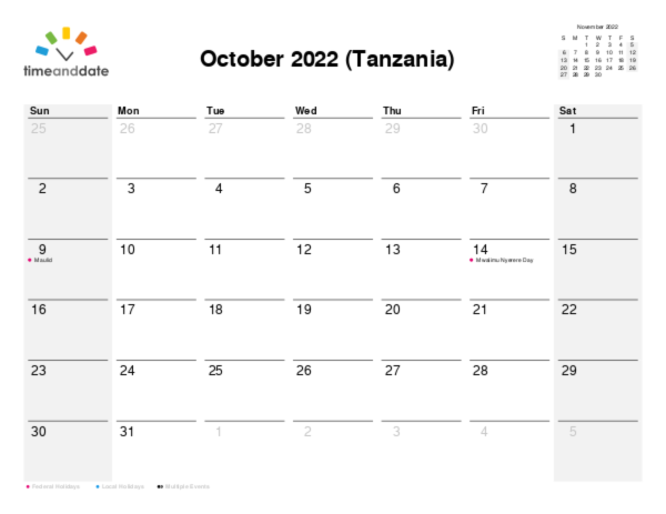 Calendar for 2022 in Tanzania