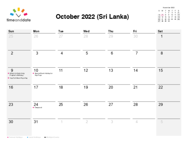 Calendar for 2022 in Sri Lanka