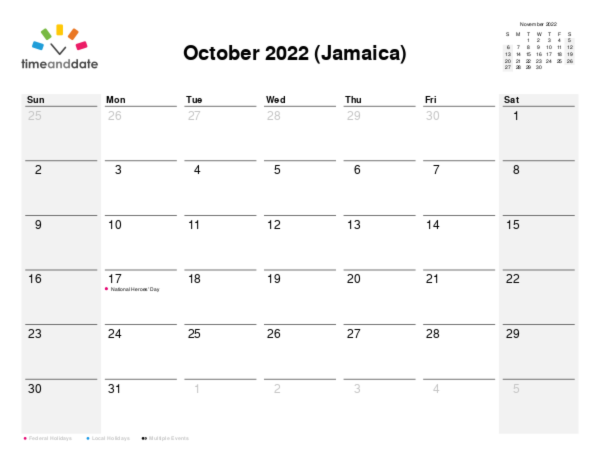 Calendar for 2022 in Jamaica