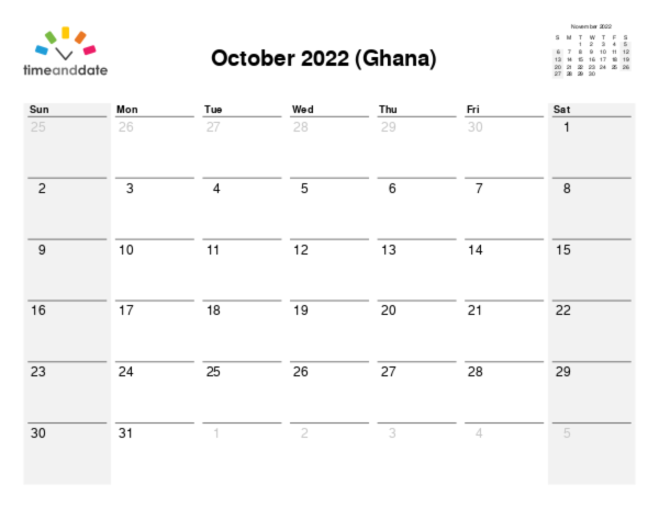 Calendar for 2022 in Ghana