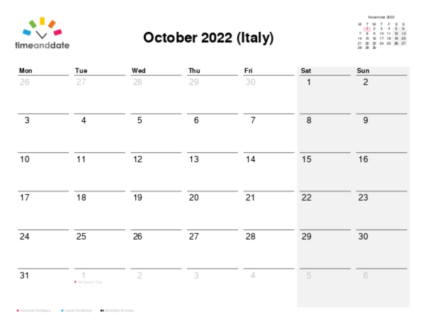 Calendar for 2022 in Italy