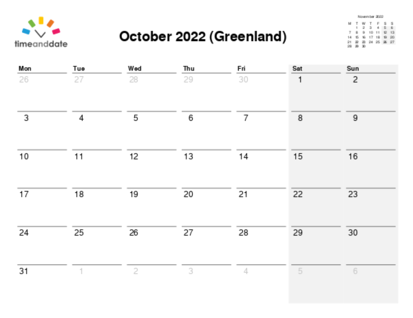 Calendar for 2022 in Greenland
