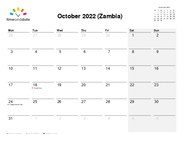 Calendar for 2022 in Zambia
