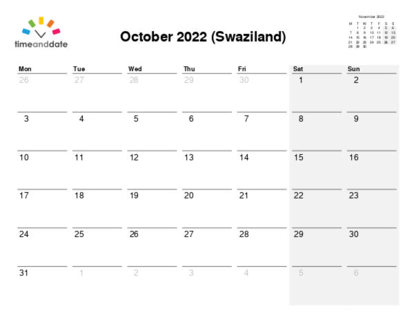 Calendar for 2022 in Swaziland