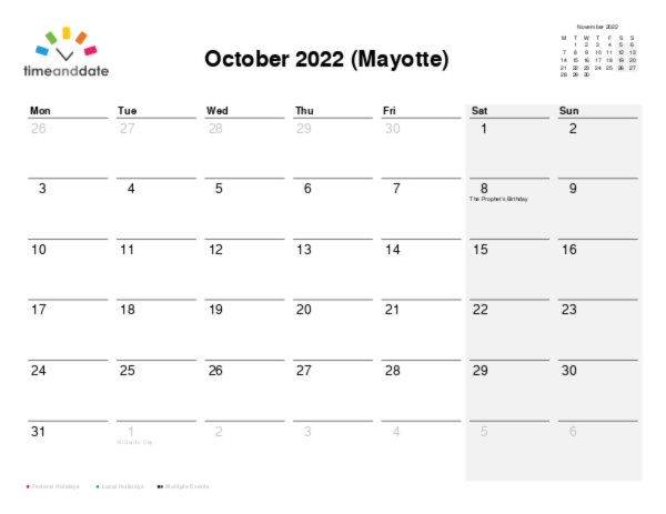 Calendar for 2022 in Mayotte