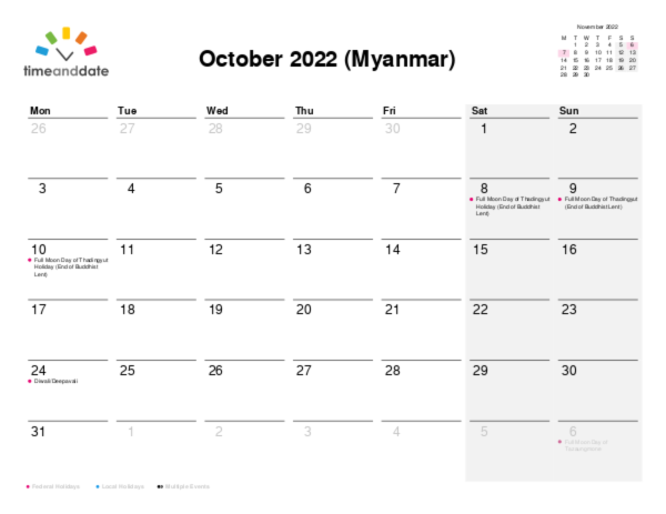 Calendar for 2022 in Myanmar