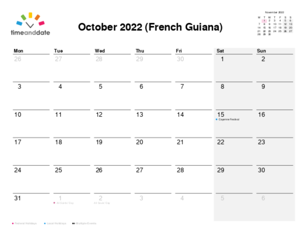 Calendar for 2022 in French Guiana