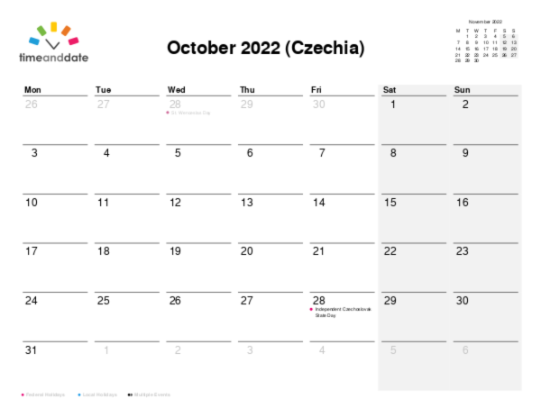 Calendar for 2022 in Czechia