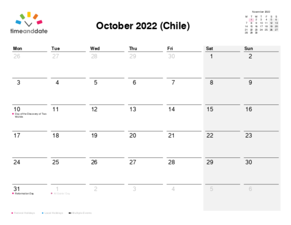 Calendar for 2022 in Chile