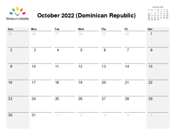 Calendar for 2022 in Dominican Republic