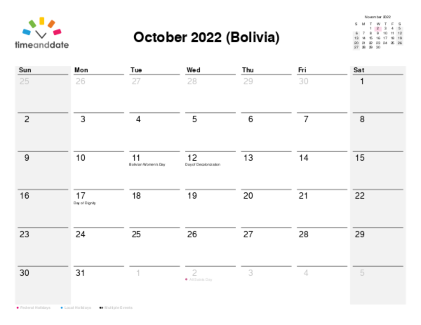 Calendar for 2022 in Bolivia