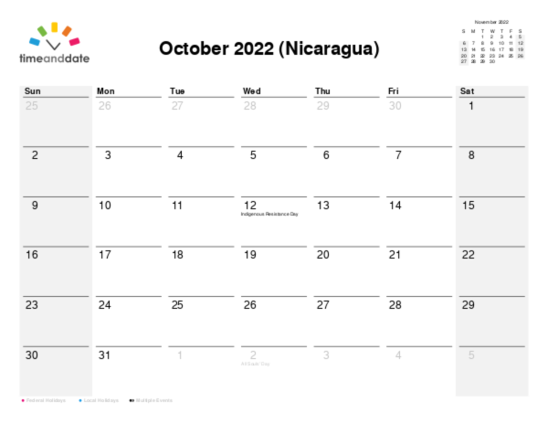 Calendar for 2022 in Nicaragua