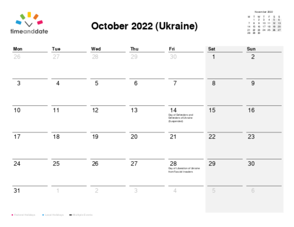 Calendar for 2022 in Ukraine