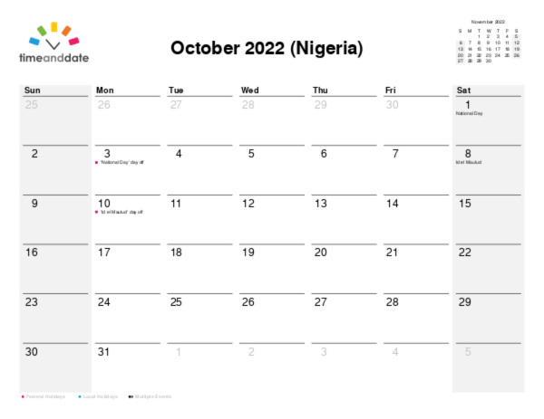 Calendar for 2022 in Nigeria