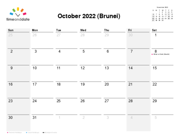Calendar for 2022 in Brunei