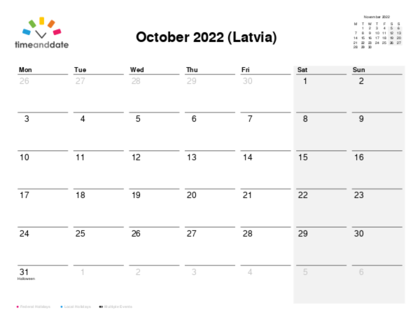 Calendar for 2022 in Latvia