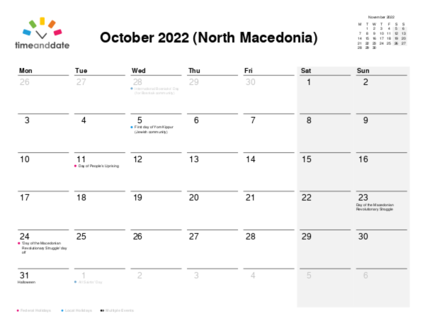 Calendar for 2022 in North Macedonia